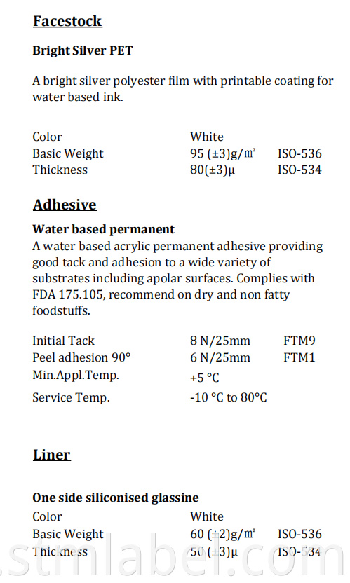 Bright Silver Pet Tc Water Based Permanent White Glassine